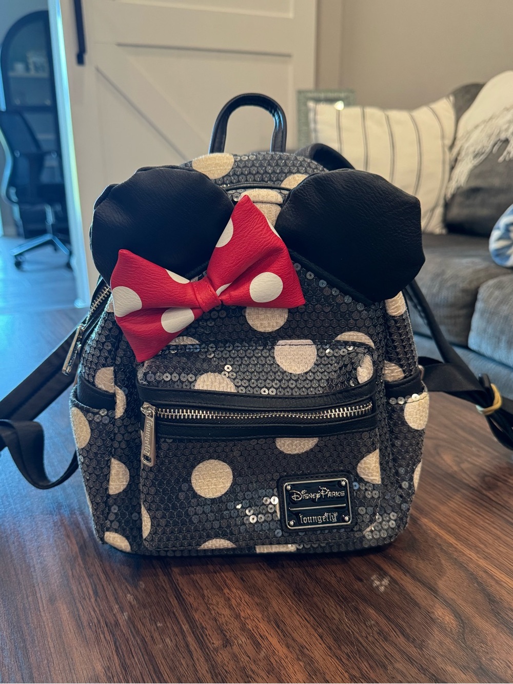 Loungefly Black Sequin Minnie Mouse Mini Backpack with Red Polka Dot Bow